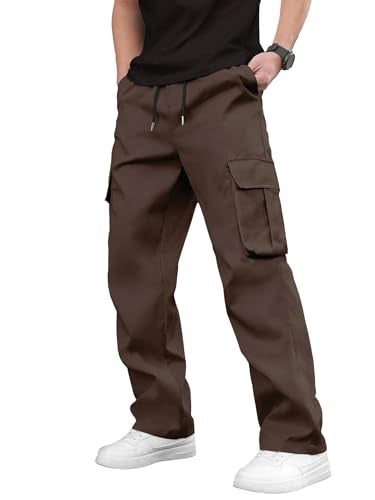 PLEPAN Men's Casual Cargo Pants Drawstring Hiking Pants Workout Tactical Joggers Sweatpants for Men Rosy Brown Large - Image 2
