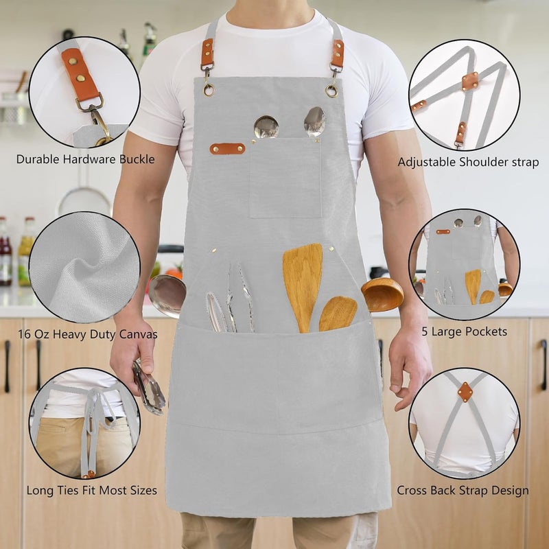 Aoomzoon Canvas Aprons for Men Chef Apron, Work Apron with Large Pockets - 16oz Heavy Duty Cross Back, BBQ, Cooking - Image 3