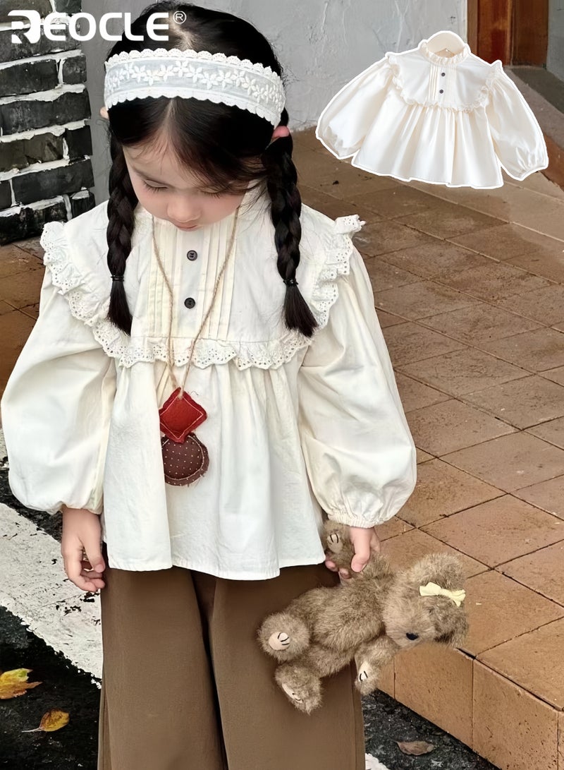 ريوكل بلوزة قطنية للبنات مع طوق بيتر بان وتصميم أنيق لأسلوب ما قبل الجامعة، ملابس أطفال مصممة لتوفير راحة تنفسية لفصلي الربيع والخريف - Image 1