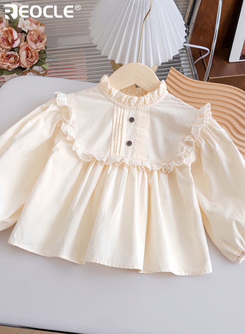 ريوكل بلوزة قطنية للبنات مع طوق بيتر بان وتصميم أنيق لأسلوب ما قبل الجامعة، ملابس أطفال مصممة لتوفير راحة تنفسية لفصلي الربيع والخريف - Image 1