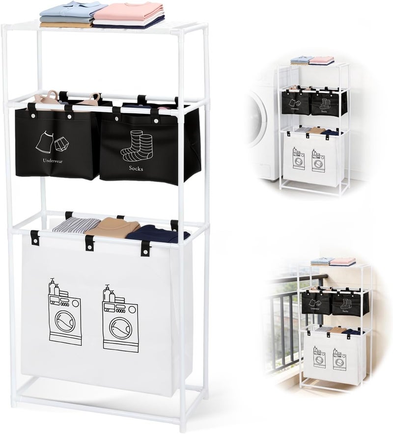 Salt mist resistant Laundry Hamper with Shelf,3-Tier Laundry Hamper - 4 Sections Sorter Organizer With Removable Bagsfor Shelf for Bathroom Washroom Classic practical design - Image 1