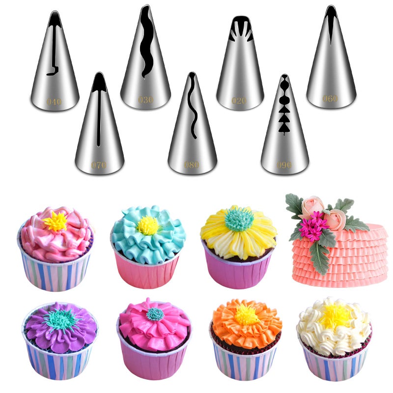 Suuker 7 Pieces Pleated Skirt Piping Nozzles Set, Stainless Steel Russian Nozzles Tips Piping Set For Pastry Fondant,Cake Decorating Supplies Baking Set Tools - Image 1