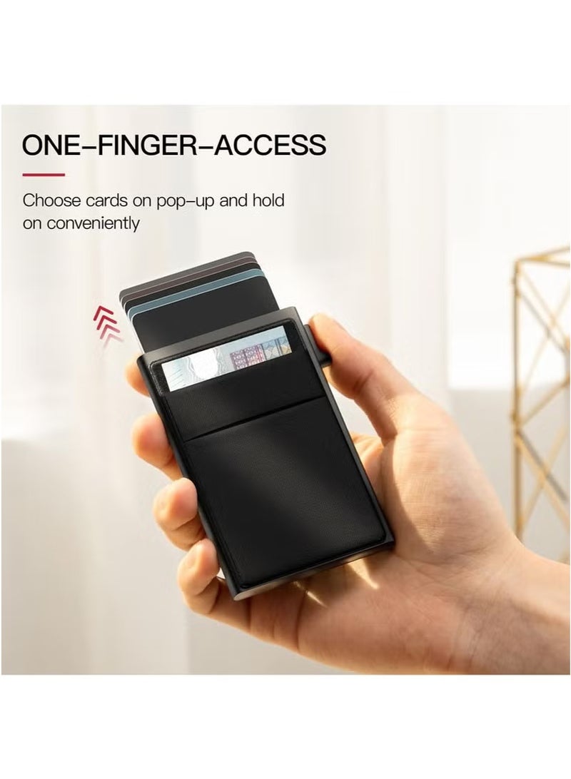 Card Holder Wallet, Minimalist Pop up Wallet for Men RFID Blocking Slim Business Credit Card Wallet with Money Pocket Aluminum Metal Bank Card Case Black Design for Airtag Cash Coins & Credit Cards  - Image 2