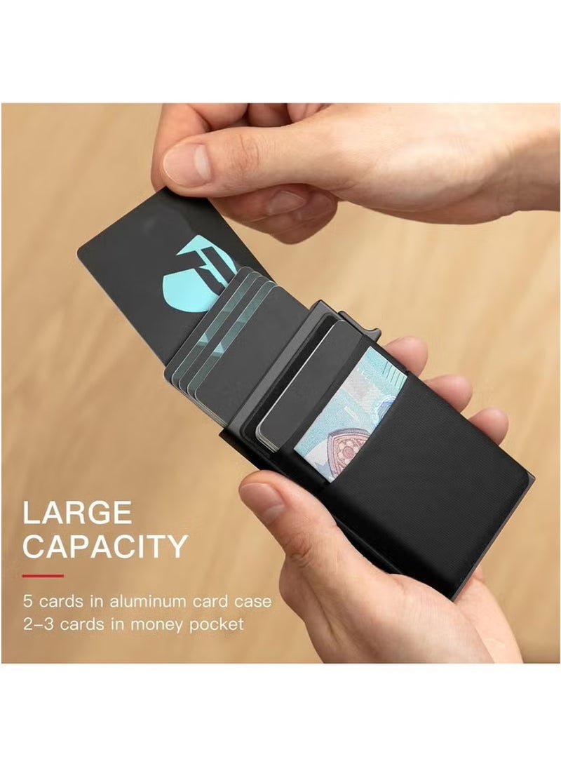 Card Holder Wallet, Minimalist Pop up Wallet for Men RFID Blocking Slim Business Credit Card Wallet with Money Pocket Aluminum Metal Bank Card Case Black Design for Airtag Cash Coins & Credit Cards  - Image 3