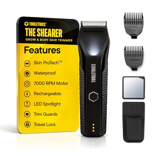 TOOLETRIES الحلاق - ماكينة حلاقة الشعر في منطقة العانة والجسم للرجال، ماكينة حلاقة كهربائية لشعر العانة، الكرة، منطقة العانة، الصدر، الساقين، مقصات مقاومة للماء للاستخدام الرطب/الجاف، قابلة لإعادة الشحن، مجموعة دش إضافية - أسود - Image 2