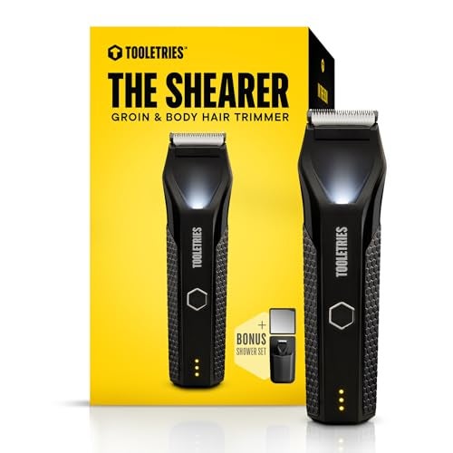 TOOLETRIES الحلاق - ماكينة حلاقة الشعر في منطقة العانة والجسم للرجال، ماكينة حلاقة كهربائية لشعر العانة، الكرة، منطقة العانة، الصدر، الساقين، مقصات مقاومة للماء للاستخدام الرطب/الجاف، قابلة لإعادة الشحن، مجموعة دش إضافية - أسود - Image 1