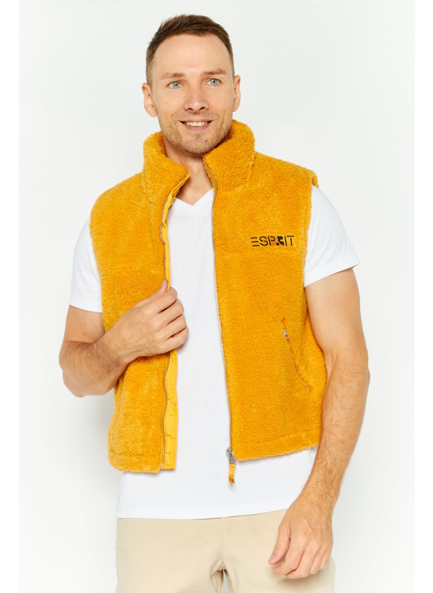 ESPRIT - Men Embroidered Logo Faux Fur Vest Jackets, Mustard - Image 1