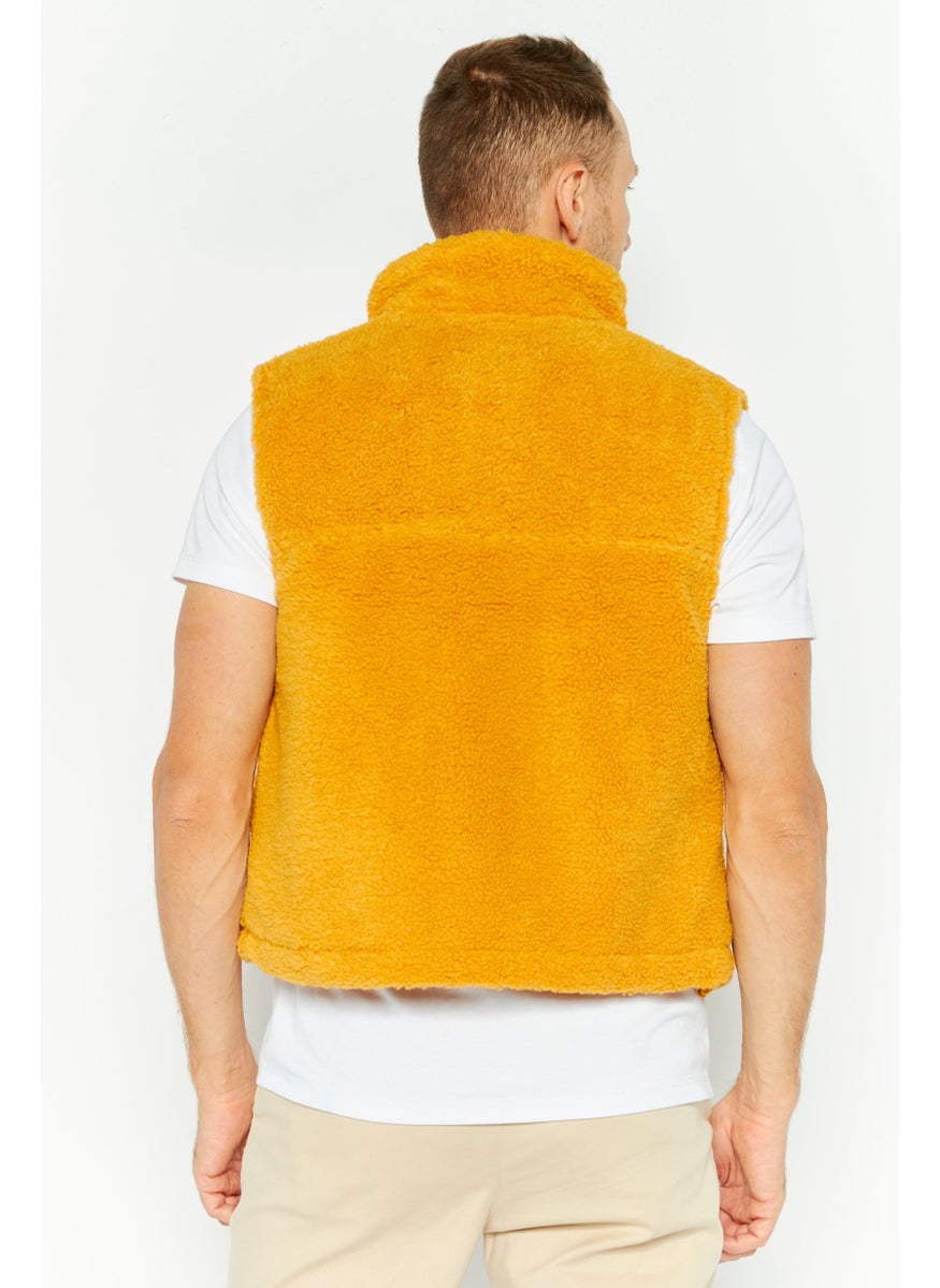 ESPRIT - Men Embroidered Logo Faux Fur Vest Jackets, Mustard - Image 1