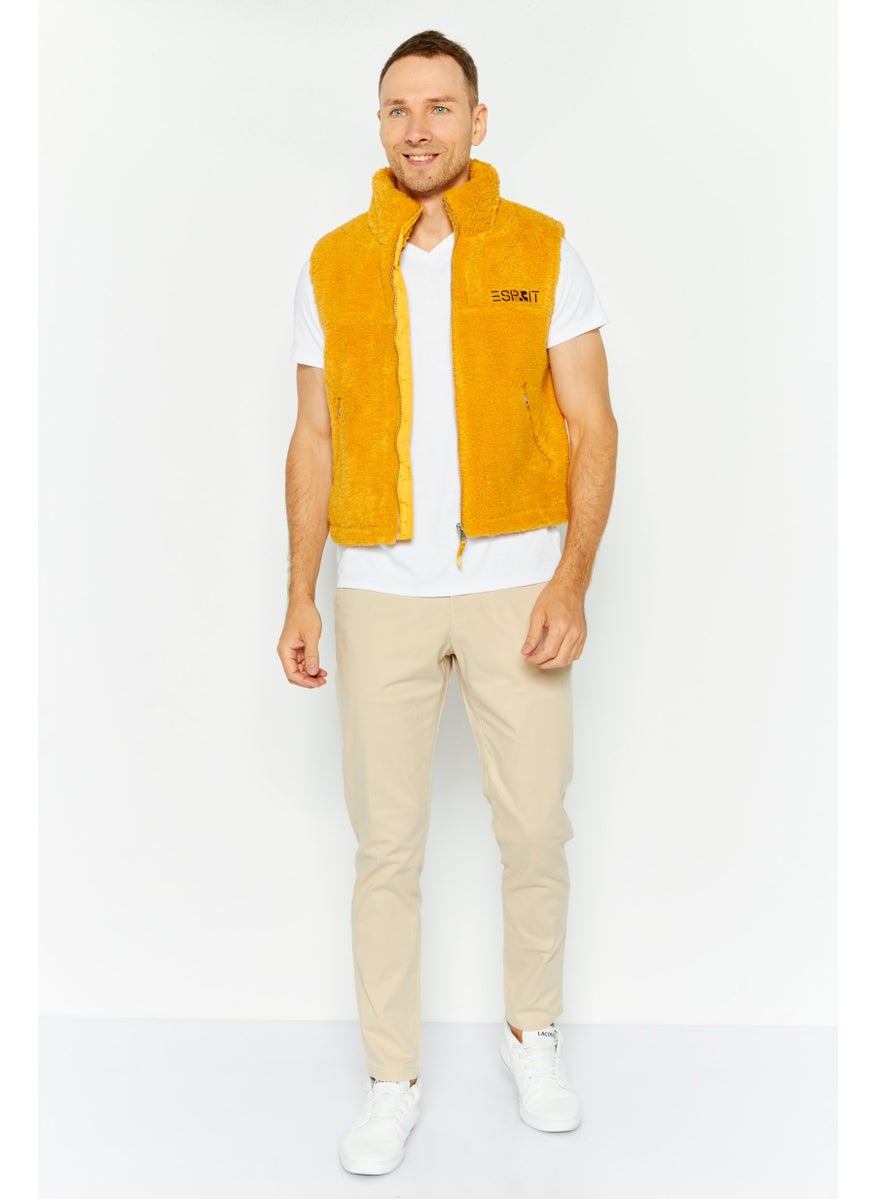 ESPRIT - Men Embroidered Logo Faux Fur Vest Jackets, Mustard - Image 1