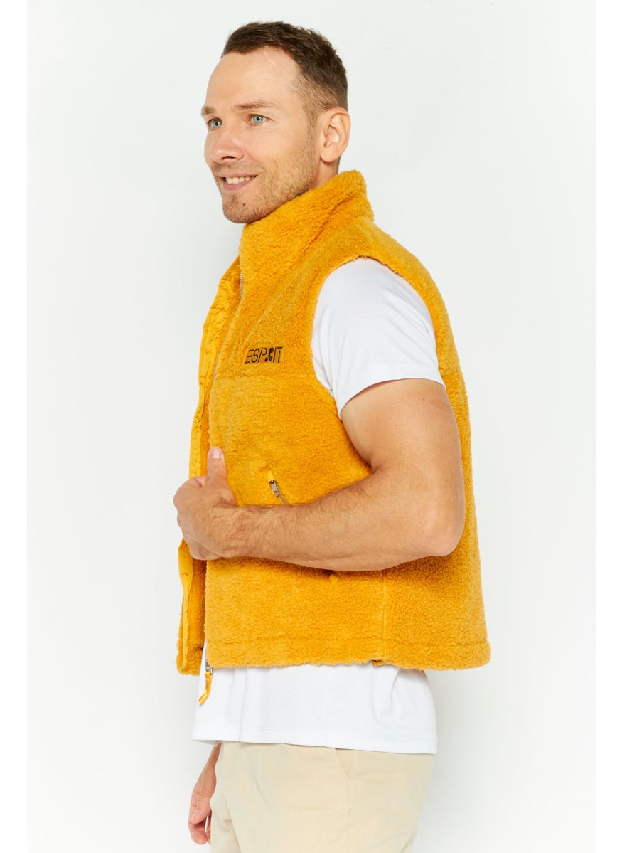 ESPRIT - Men Embroidered Logo Faux Fur Vest Jackets, Mustard - Image 1