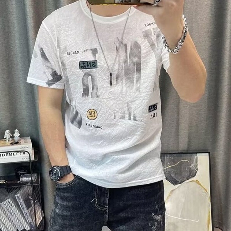 Trendy Brand Round Neck Short-Sleeved T-Shirt Men'S Printed Ice Silk T-Shirt Summer Men'S Fashion Casual Half-Sleeved Top Trendy - Image 3