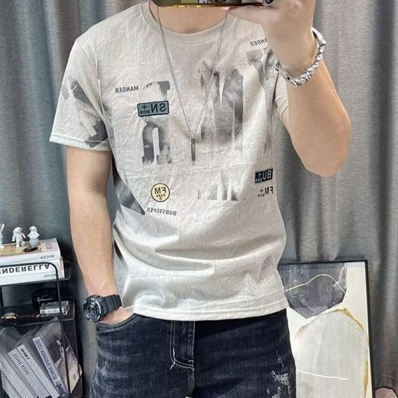 Trendy Brand Round Neck Short-Sleeved T-Shirt Men'S Printed Ice Silk T-Shirt Summer Men'S Fashion Casual Half-Sleeved Top Trendy - Image 2