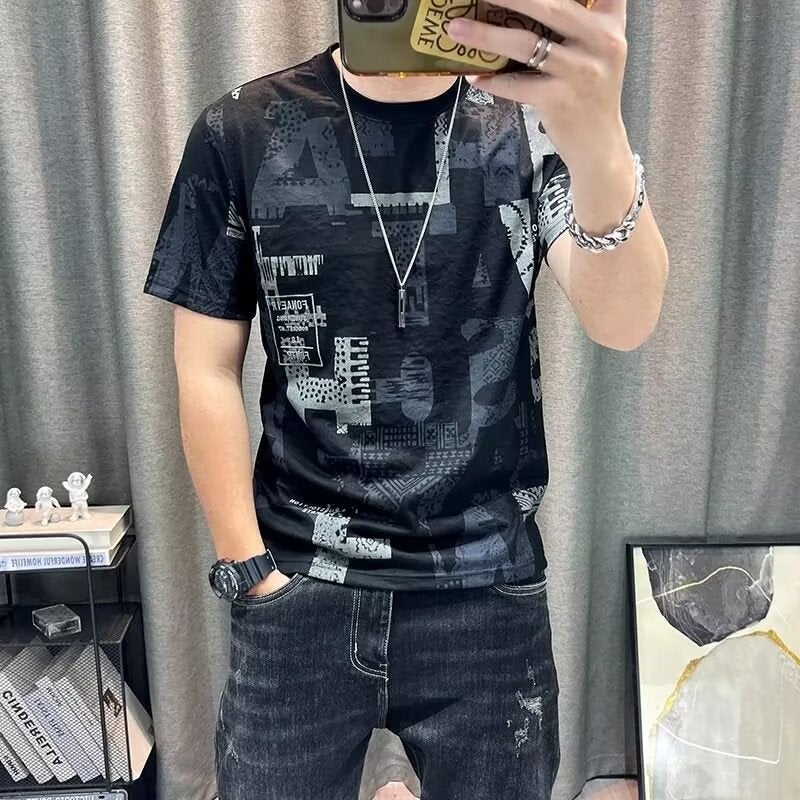 Trendy Brand Round Neck Short-Sleeved T-Shirt Men'S Printed Ice Silk T-Shirt Summer Men'S Fashion Casual Half-Sleeved Top Trendy - Image 1