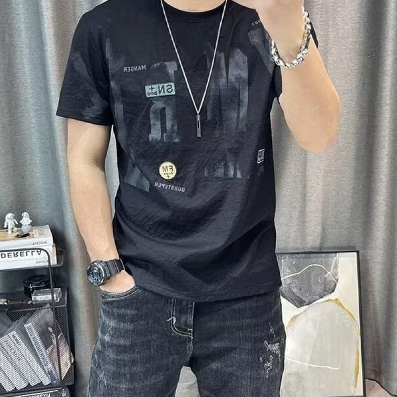 Trendy Brand Round Neck Short-Sleeved T-Shirt Men'S Printed Ice Silk T-Shirt Summer Men'S Fashion Casual Half-Sleeved Top Trendy - Image 4