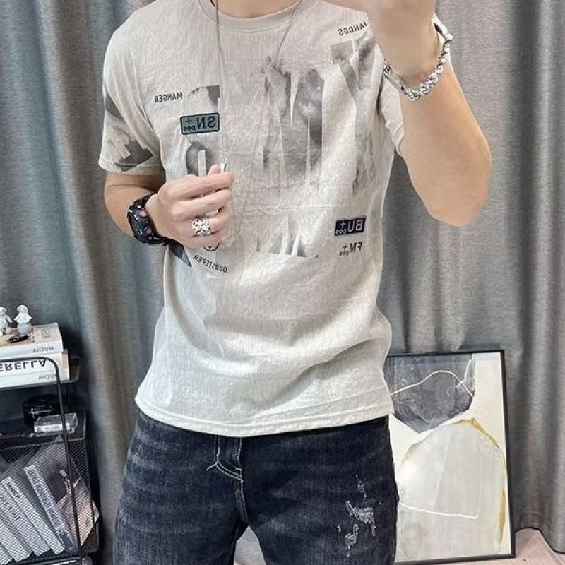 Trendy Brand Round Neck Short-Sleeved T-Shirt Men'S Printed Ice Silk T-Shirt Summer Men'S Fashion Casual Half-Sleeved Top Trendy - Image 5