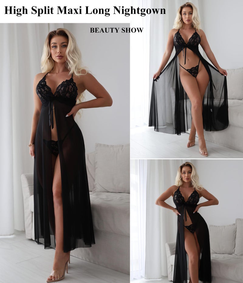 GirlFriend Women Lingerie Lace Babydoll Dress Open Front Sleepwear Long Sheer Nightgowns V Neck Nightwear for Wife, Women Wedding Valentine Special Night Occasion Festival (Black, Free Size) - Image 5