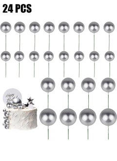HY 24 Pcs Mini Balloon Cake Topper Foam Ball Cake Picks Cupcake Faux Pearl Balls DIY Cake Insert Topper Decoration for Anniversary Graduation Birthday Party Baby Shower (Silvery)  - Image 1