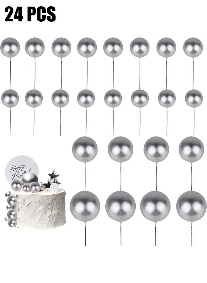 HY 24 Pcs Mini Balloon Cake Topper Foam Ball Cake Picks Cupcake Faux Pearl Balls DIY Cake Insert Topper Decoration for Anniversary Graduation Birthday Party Baby Shower (Silvery) - Image 1