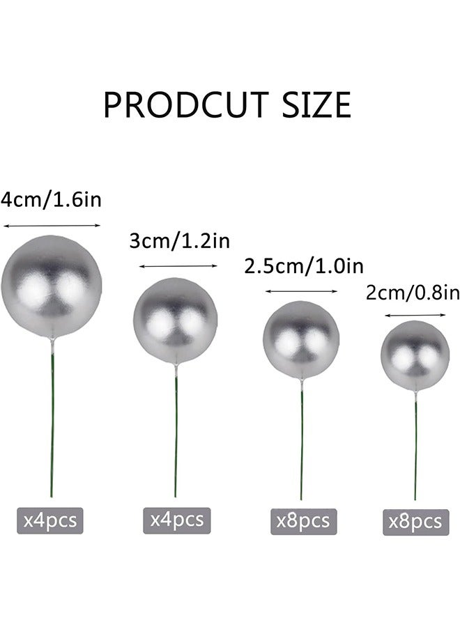 HY 24 Pcs Mini Balloon Cake Topper Foam Ball Cake Picks Cupcake Faux Pearl Balls DIY Cake Insert Topper Decoration for Anniversary Graduation Birthday Party Baby Shower (Silvery) - Image 2
