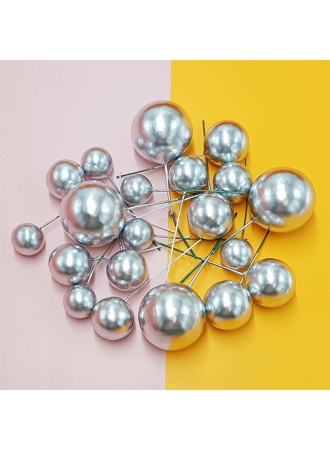 HY 24 Pcs Mini Balloon Cake Topper Foam Ball Cake Picks Cupcake Faux Pearl Balls DIY Cake Insert Topper Decoration for Anniversary Graduation Birthday Party Baby Shower (Silvery) - Image 3