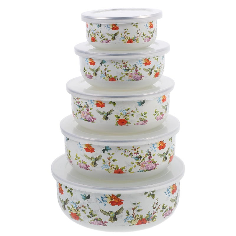 Vintage Enamel Food Storage Bowls with Lids 5pcs Set for Soup Salad and Meal Prep - Image 2