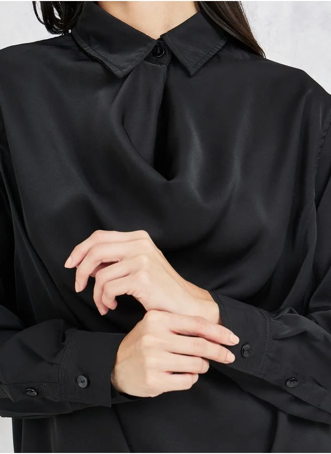 ستايلي Cowl Neck Long Sleeves Collared Blouse