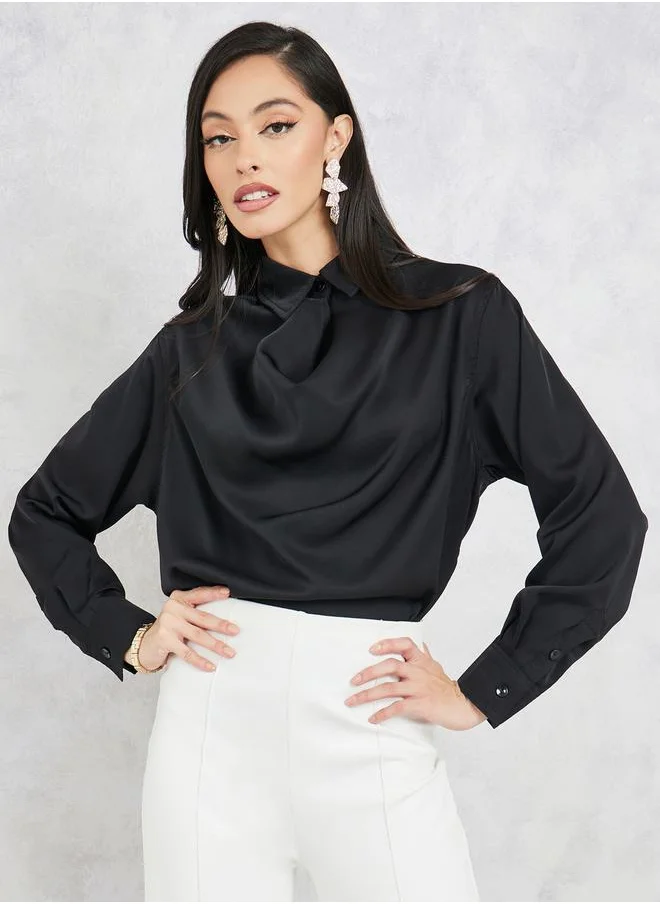 ستايلي Cowl Neck Long Sleeves Collared Blouse