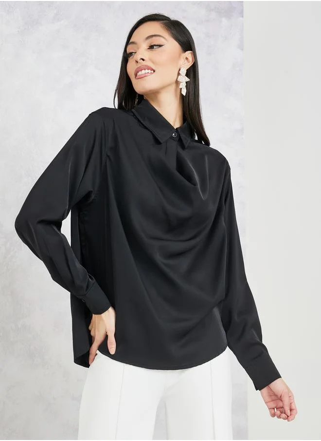 ستايلي Cowl Neck Long Sleeves Collared Blouse