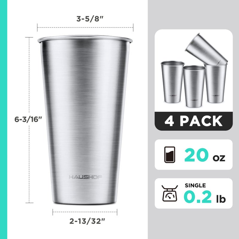 HAUSHOF Pint Cup, 20 oz Stainless Steel Cups, Stackable Metal Drinking Cups, Stacking Beer Pint Cups for Home, Party, Camping, Outdoor, Unbreakable, 4 Pack - Image 3