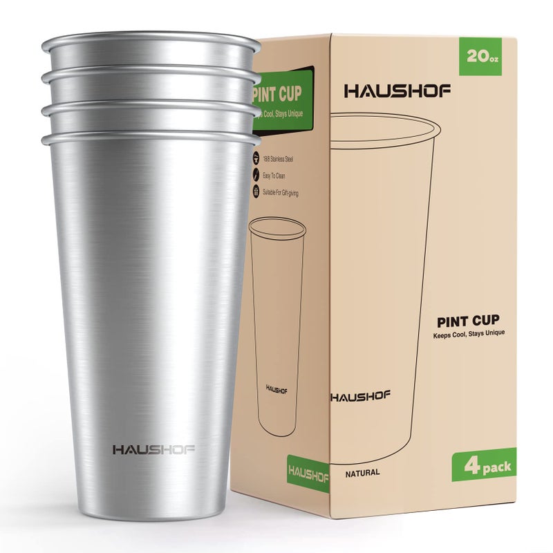 HAUSHOF Pint Cup, 20 oz Stainless Steel Cups, Stackable Metal Drinking Cups, Stacking Beer Pint Cups for Home, Party, Camping, Outdoor, Unbreakable, 4 Pack - Image 1