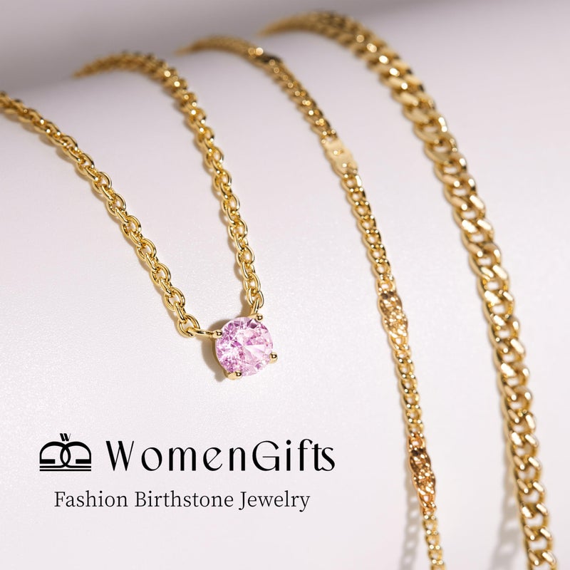 WomenGifts October Created Pink Tourmaline (Rose Pink) Layered Necklace Set, 14K Gold Plated Birthstone Pendant with Choker Cuban Link & Satellite Chain, Personalized Jewelry Gift - Image 3