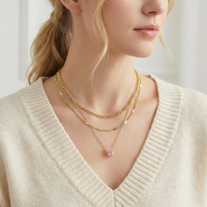 WomenGifts October Created Pink Tourmaline (Rose Pink) Layered Necklace Set, 14K Gold Plated Birthstone Pendant with Choker Cuban Link & Satellite Chain, Personalized Jewelry Gift - Image 2