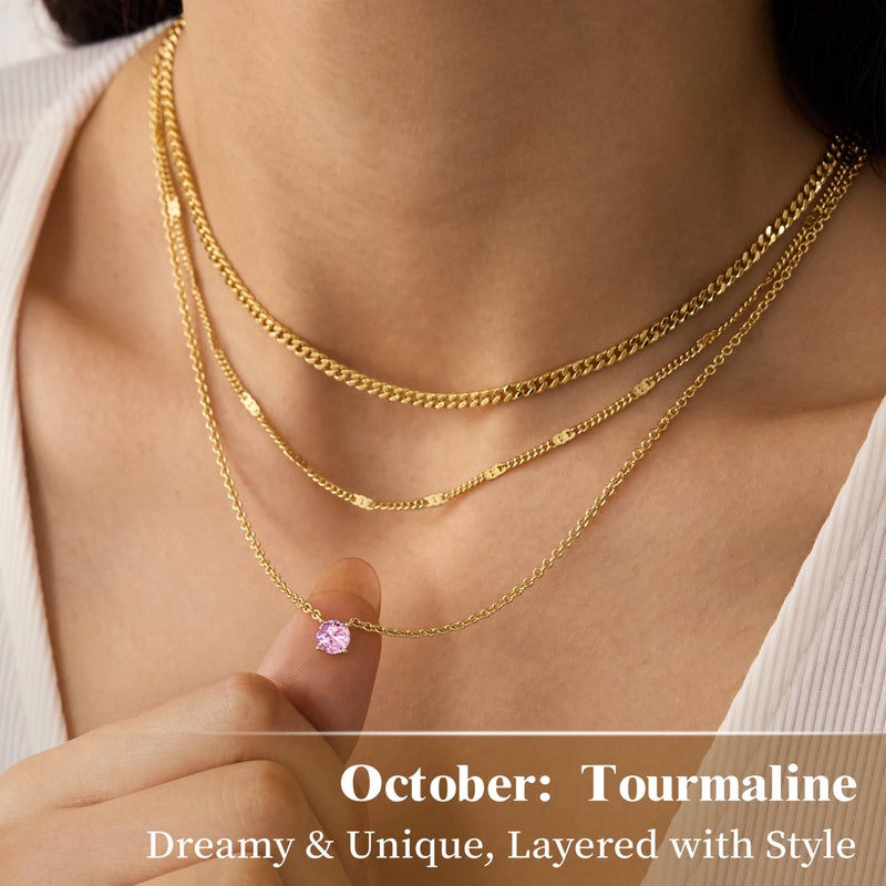 WomenGifts October Created Pink Tourmaline (Rose Pink) Layered Necklace Set, 14K Gold Plated Birthstone Pendant with Choker Cuban Link & Satellite Chain, Personalized Jewelry Gift - Image 4