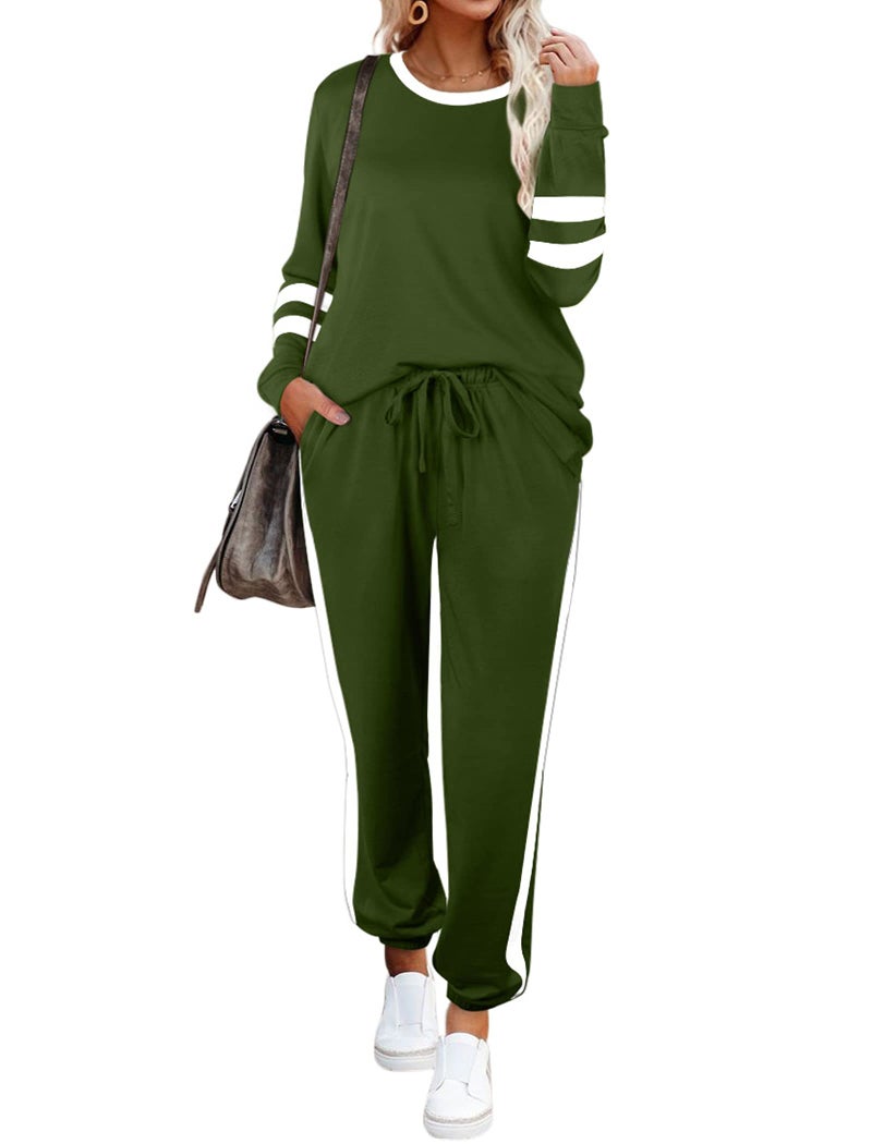 Aloodor Workout Sets for Women 2 Piece Loungewear Set Color Block Outfits Green L - Image 2