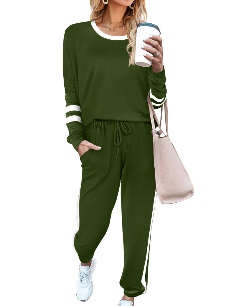 Aloodor Workout Sets for Women 2 Piece Loungewear Set Color Block Outfits Green L - Image 1