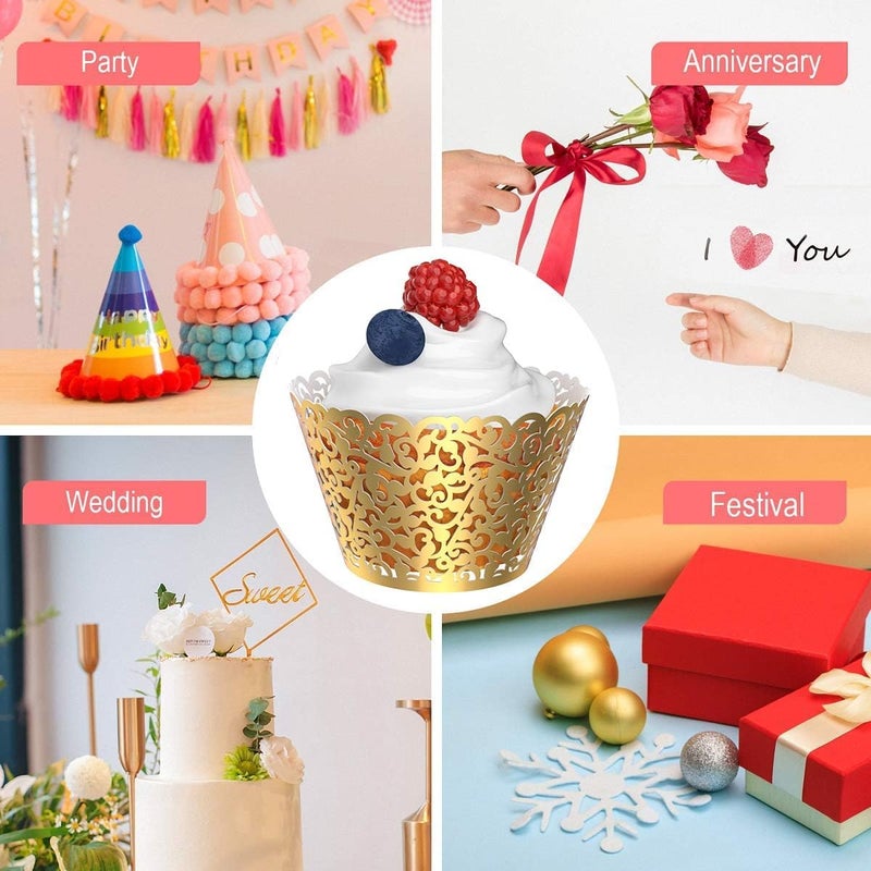 Luckam Cupcake Wrappers, 50 Pcs Pearl Lace Filigree Wedding Cupcake Wrapper Baking Cake Cups Wraps Party Decoration Laser Cut (Gold) - Image 3
