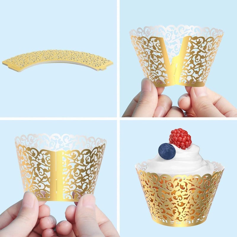 Luckam Cupcake Wrappers, 50 Pcs Pearl Lace Filigree Wedding Cupcake Wrapper Baking Cake Cups Wraps Party Decoration Laser Cut (Gold) - Image 5