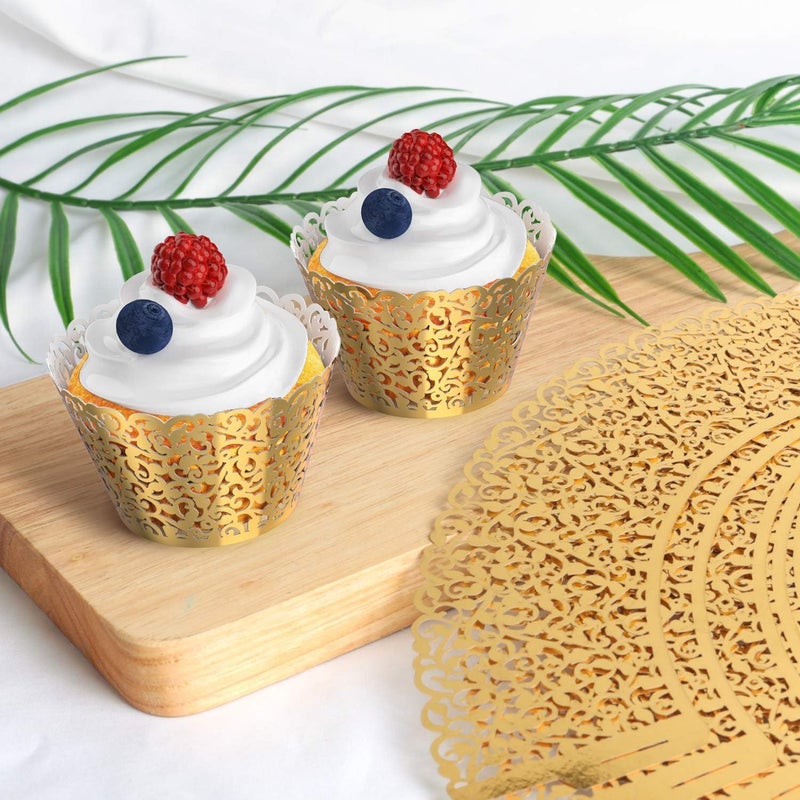 Luckam Cupcake Wrappers, 50 Pcs Pearl Lace Filigree Wedding Cupcake Wrapper Baking Cake Cups Wraps Party Decoration Laser Cut (Gold) - Image 2