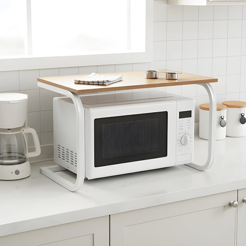 2-Tier Microwave Rack in Metal and Wood – Stylish Kitchen Organizer for Space Saving and Utensil Storage - Image 2