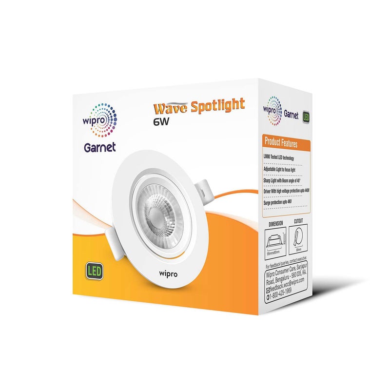 Wipro Garnet 6W Round Led Wave SpotlightCob Spotlight for CeilingWarm White Light 2700KAdjustable DesignRecessed Tiltable Downlighter for False CeilingCutout75 MmPack of 10 - Image 4