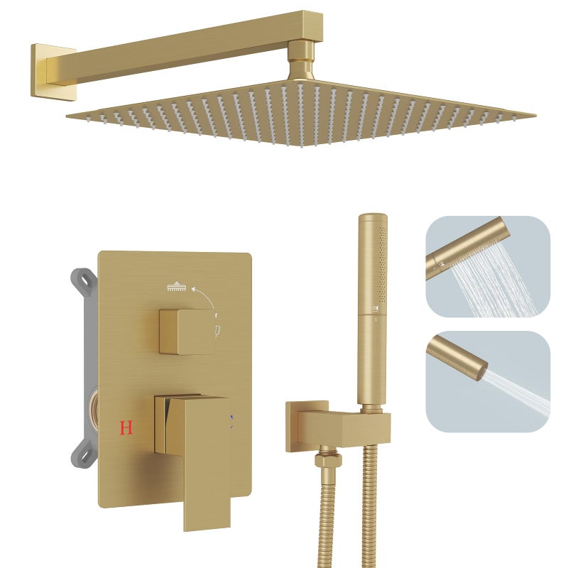 Hoimpro Shower System Set with 12 Inch Bathroom Rain Mixer Shower Head and Handheld Wall Mounted Rainfall Shower Faucet Fixture Combo with High Pressure 2 in 1 Handheld Showerhead Brushed Gold