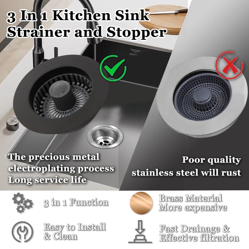 BAOLSLS 3 in 1 Kitchen Sink Stopper, Pop Up Kitchen Sink Drain Strainer, with an Extra Basket Strainer, Kitchen Sink Drain Stopper for US Standard 3-1/2 Inch, Brass Material Electroplate Black - Image 4