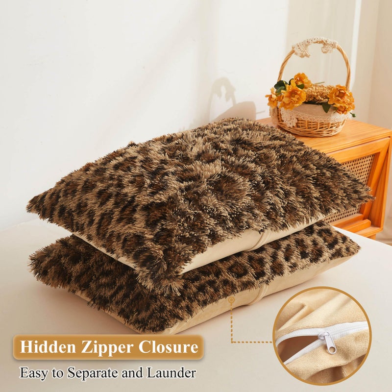 XeGe Cheetah Print Faux Fur Fluffy Pillowcases, Plush Shaggy Soft Long Pillow Covers, Fuzzy Decorative Leopard Print Pillow Cases, Furry Pillow Shams for Bed Couch Zipper, Set of 2(Standard, Brown) - Image 3