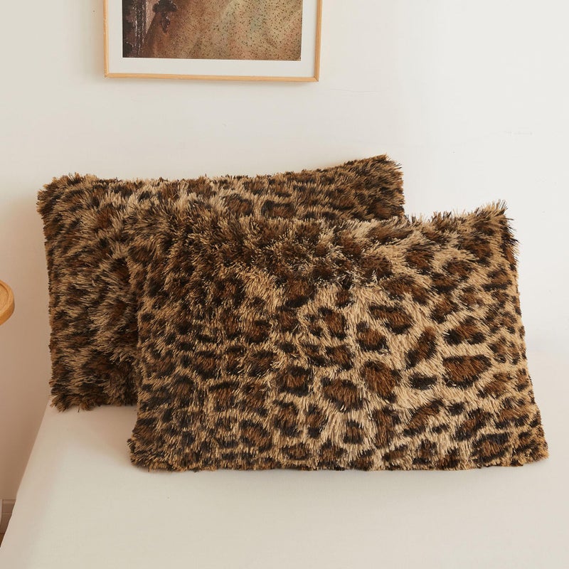 XeGe Cheetah Print Faux Fur Fluffy Pillowcases, Plush Shaggy Soft Long Pillow Covers, Fuzzy Decorative Leopard Print Pillow Cases, Furry Pillow Shams for Bed Couch Zipper, Set of 2(Standard, Brown) - Image 1