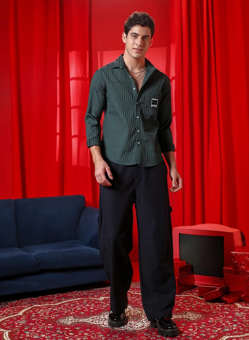 CAHOOT  Men's Forest Green Panelled -Tactile Shirt for Men | Best Price UAE