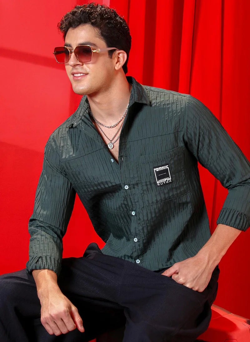 CAHOOT  Men's Forest Green Panelled -Tactile Shirt for Men | Best Price UAE