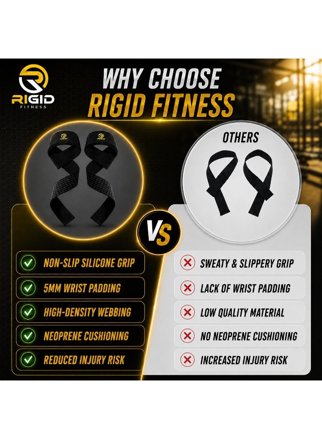 RIGID FITNESS Lifting Straps for Gym, Padded Wrist Protection Strap, Strong Silicone Grip, for Weightlifting, DeadLift, Pull-Up Support, Strength Training, CrossFit, Hand Bar Strap - Cotton & Neoprene - Image 2