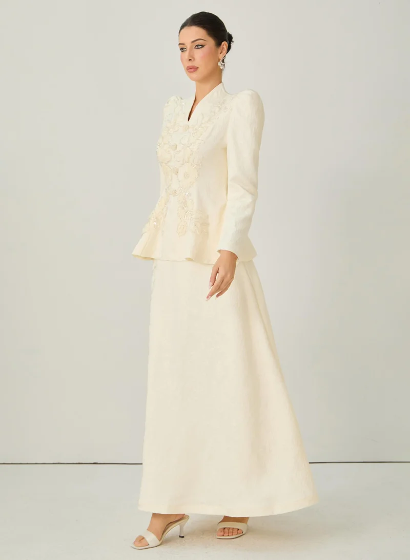 Sunfere Exceptional Beauty Apricot Floral Embroidered Top & Skirt Set