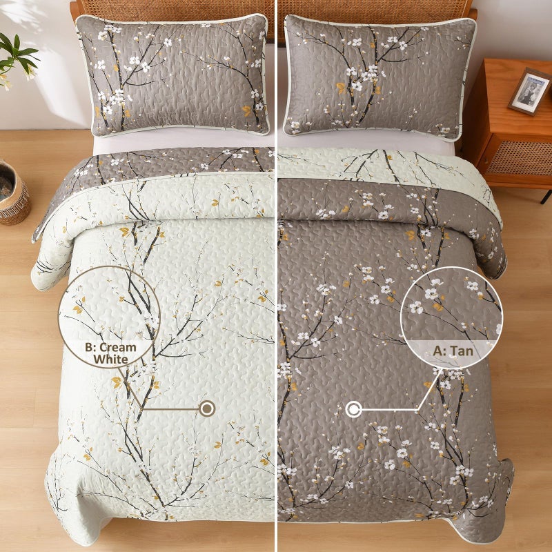 DJY 3 Pieces Floral Quilt Set King Size Tan Branch Pattern Quilt, Cream White Floral Reversible Bedspread, Soft Microfiber Botanical Floral Summer Quilt Bedding Coverlet Set for All Season (110â€˜'x90'') - Image 3
