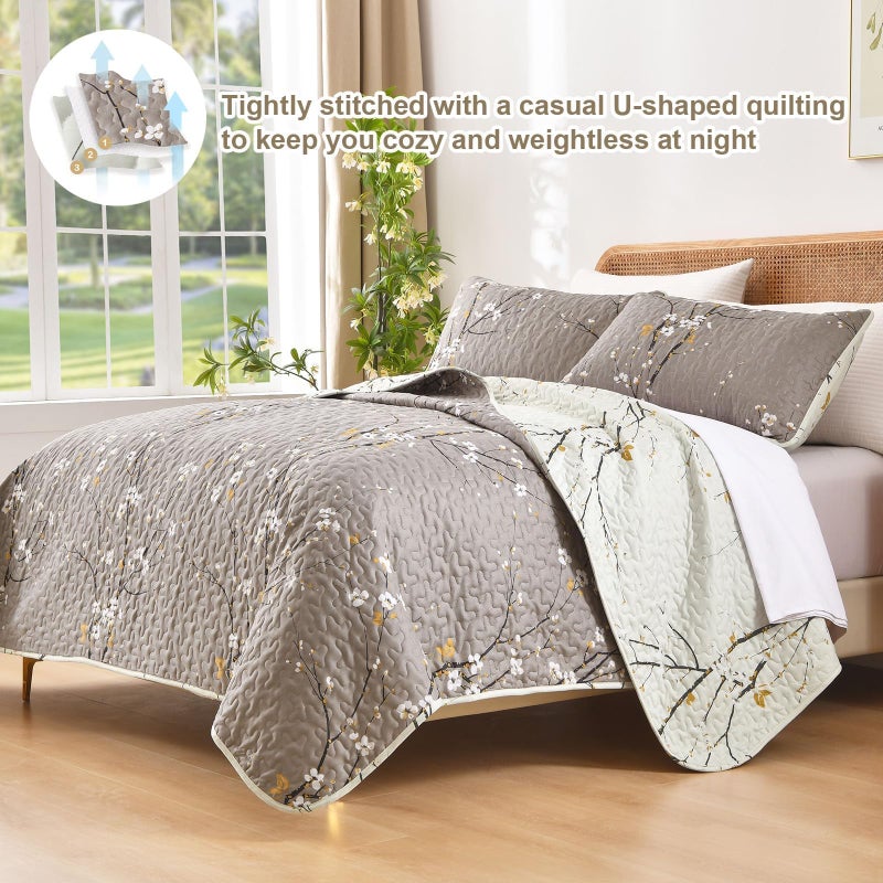 DJY 3 Pieces Floral Quilt Set King Size Tan Branch Pattern Quilt, Cream White Floral Reversible Bedspread, Soft Microfiber Botanical Floral Summer Quilt Bedding Coverlet Set for All Season (110â€˜'x90'') - Image 2